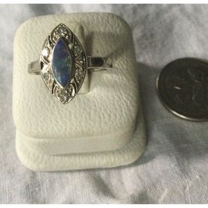 ANTIQUE 14KT WHITE GOLD, AUSTRALIAN BLACK OPAL AND DIAMOND RING (C567)